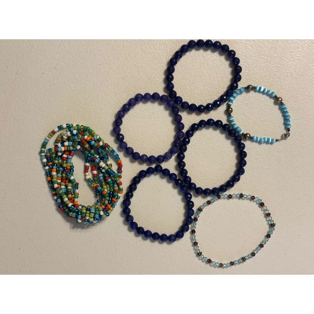 Set of 7 Beaded Stretch Bracelets Blue Multi Color Glass Bead‎ Boho Stacking